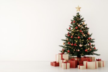 A beautifully adorned Christmas tree stands tall with red ornaments and twinkling lights, surrounded by wrapped gifts on a clean floor