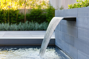 A serene water feature showcases a smooth flow over a stone edge, perfect for enhancing outdoor tranquility and modern design.