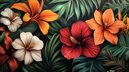 Contemporary Floral Illustration with Tropical Blooms.