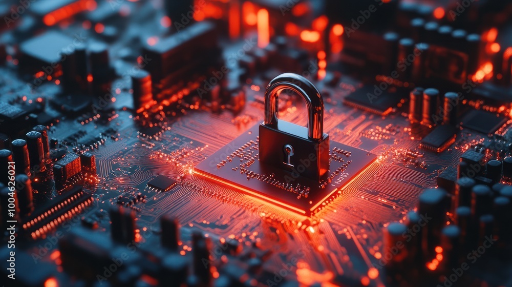 Poster cyber security concept. - padlock on computer motherboard circuit board