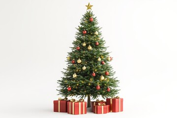 Fototapeta premium The Christmas tree displays vibrant ornaments and twinkling lights surrounded by colorful wrapped gifts awaiting joyful celebration
