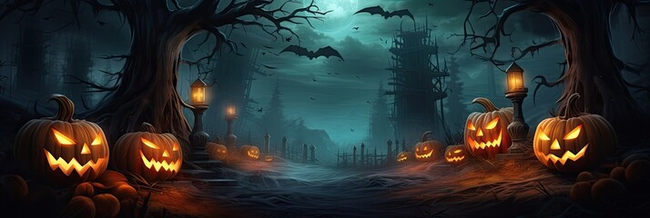 Fototapeta premium Terrible road to the cemetery and Halloween Jack Lantern pumpkin in a scary forest with a dead tree. Frightening mood, bats, light in the windows, full moon, fog, twilight. Illustration. 