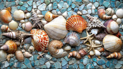 collection of different seashells in a mosaic pattern
