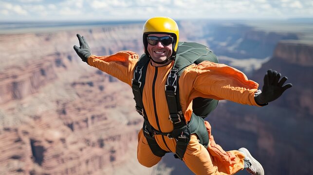 Base jumper in flight, rugged canyon