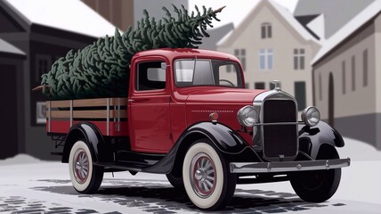 Obraz premium Christmas vintage red truck carrying a Christmas tree.