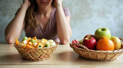 Female Choosing Between Eating Fruit Salad or Picking from Fruit Basket