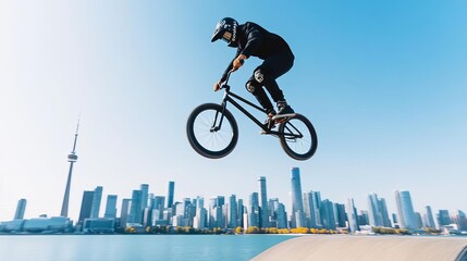BMX rider mid-air, urban skyline