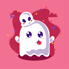 Cute ghost character with small skull on head and with pink background, clouds, stars in flat style for posters, banners, wallpapers	