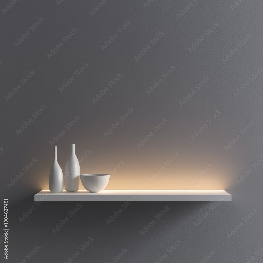 Poster a simple, rectangular white shelf mounted on a soft grey wall with no decorations or additional obje