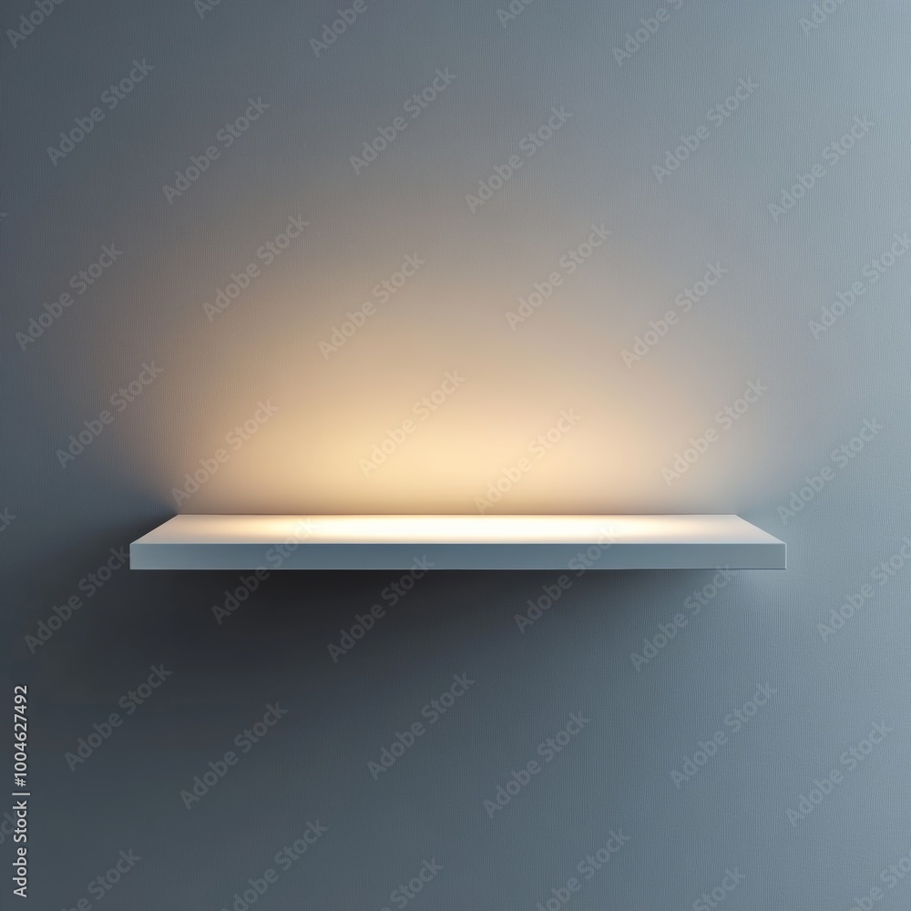 Poster a simple, rectangular white shelf mounted on a soft grey wall with no decorations or additional obje