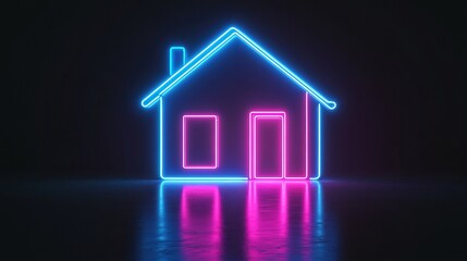 Blue and purple neon house icon glowing on dark background
