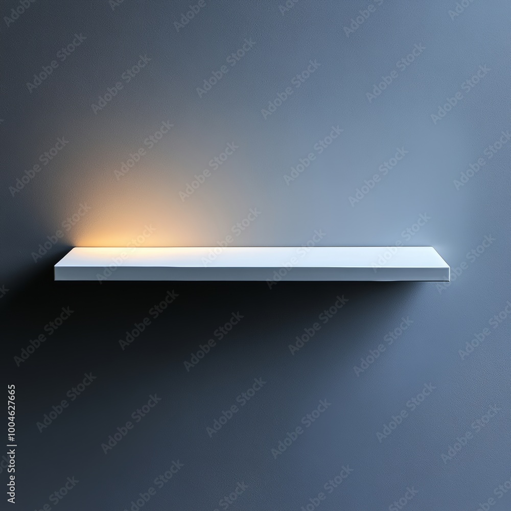 Poster a simple, rectangular white shelf mounted on a soft grey wall with no decorations or additional obje
