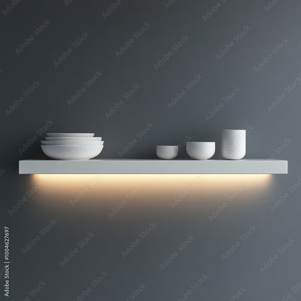 Poster a simple, rectangular white shelf mounted on a soft grey wall with no decorations or additional obje