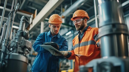 Two workers collaborate in a manufacturing plant, reviewing plans and equipment during a safety meeting in the afternoon