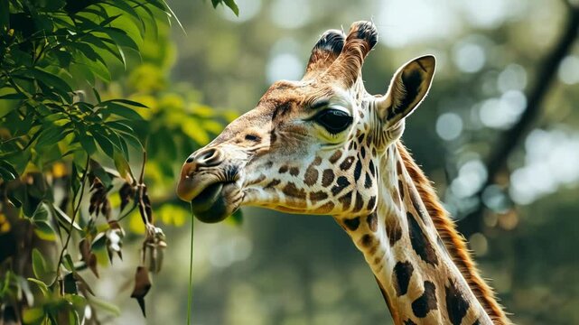 A serene close up of a giraffe munching on leaves in its natural habitat, showcasing vibrant greenery and wildlife behavior