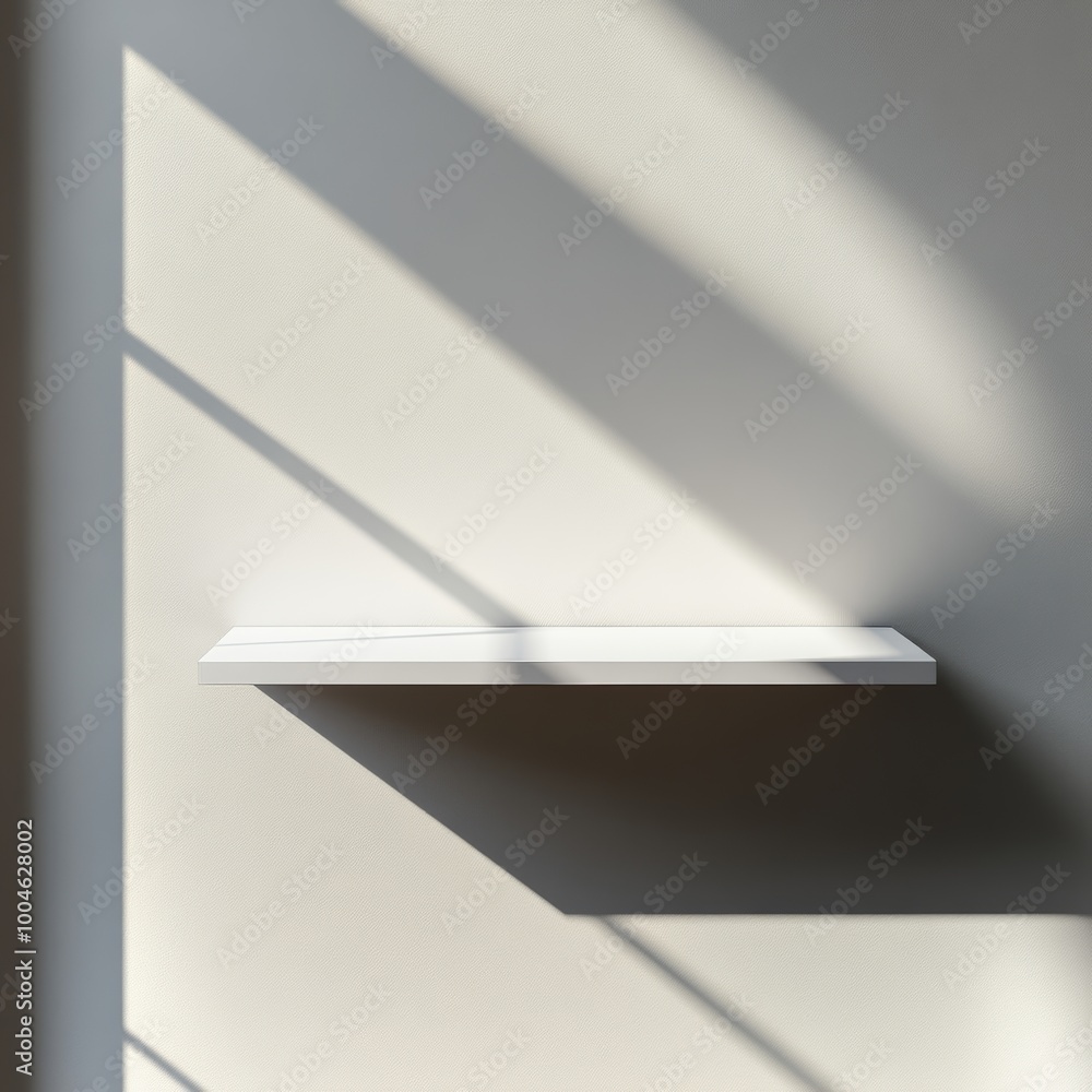 Poster a single white shelf mounted against a light grey wall, casting soft shadows and surrounded by empty