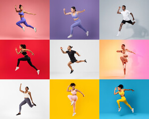 A vibrant collage features multiracial people engaged in energetic fitness activities across colorful backgrounds. Each person exhibits various athletic movements showcasing strength and vitality.