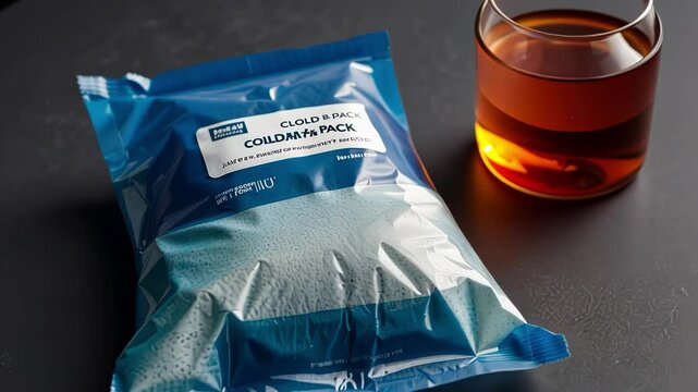 A cold pack beside a soothing drink, highlighting recovery and relaxation techniques with a warm, comforting atmosphere