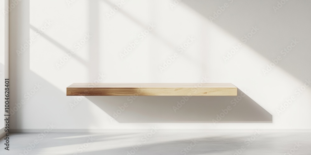 Poster a sleek, modern wooden shelf floating in a clean white room with soft shadows and no objects in sigh