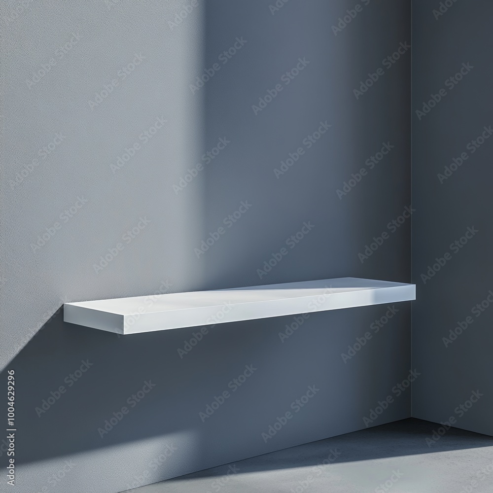Poster an empty display shelf with a white glossy finish floating in a clean, grey room with subtle shadows
