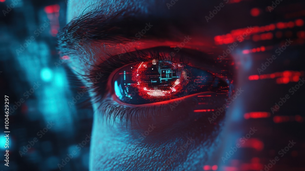 Poster hacker or ai robot eye in dark tech space, cyborg vision on digital background. concept of cyber sec