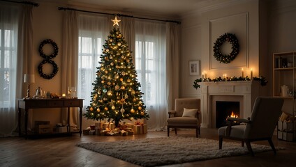 Christmas evening in a warmly decorated room with a glowing tree.