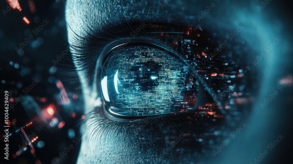 Aufkleber hacker or ai robot eye in dark tech space, cyborg vision on digital background. concept of cyber sec