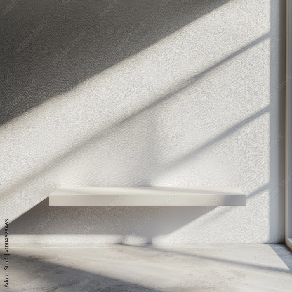 Poster an empty display shelf with a white glossy finish floating in a clean, grey room with subtle shadows