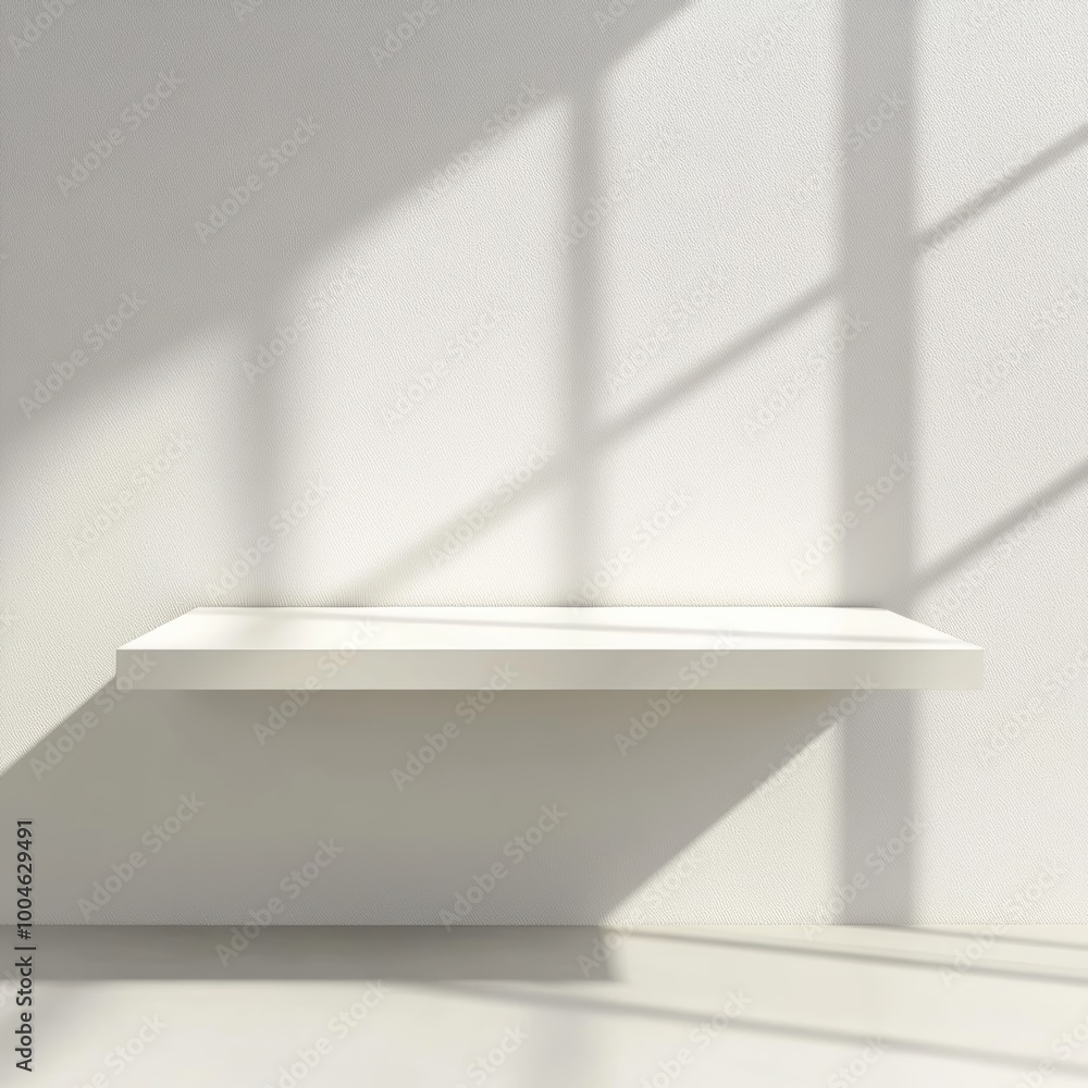 Poster an empty, glossy white shelf floating in a clean, bright room with soft shadows and no additional ob