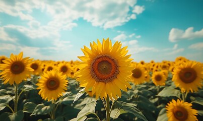A field of bright yellow sunflowers facing the sun on a sunny day with a blue sky and white clouds.