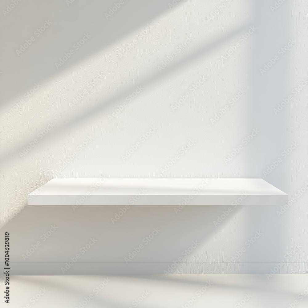 Poster an empty, glossy white shelf floating in a clean, bright room with soft shadows and no additional ob