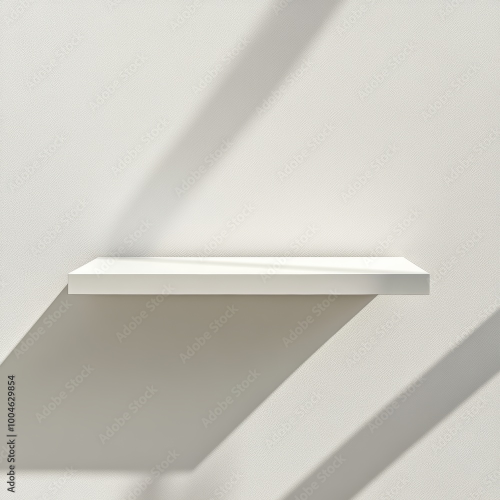 Poster an empty, glossy white shelf floating in a clean, bright room with soft shadows and no additional ob