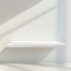 Fototapeta premium An empty, glossy white shelf floating in a clean, bright room with soft shadows and no additional objects in view