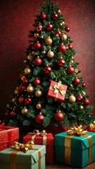 Christmas tree and gifts with festive wallpaper
