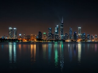 City skyline at night with tower and water reflections.