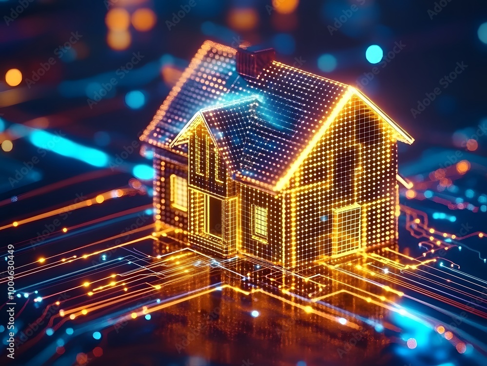 Poster digital house with glowing data stream , ai in smart home technology, automation and remote control 