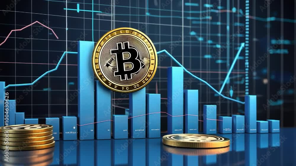 Aufkleber this frame showcases bitcoin's rise in value through bar graphs and coins, emphasizing the trends in