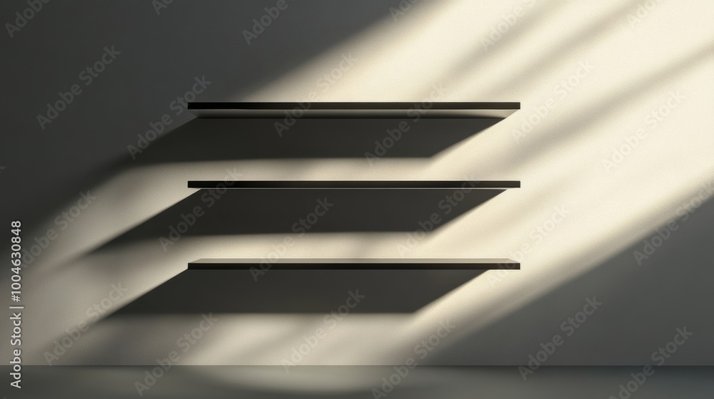 Poster three levels of empty, floating shelves arranged vertically on a blank grey wall, casting gentle sha