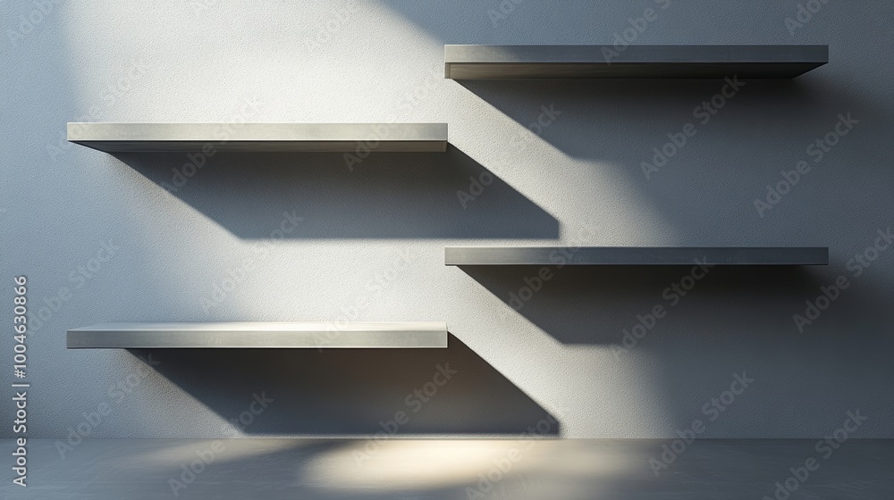 Poster three levels of empty, floating shelves arranged vertically on a blank grey wall, casting gentle sha