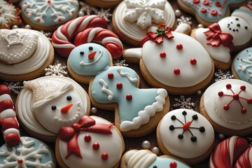 A close-up of a variety of beautifully decorated Christmas cookies, including snowflakes, candy canes, and snowmen, featuring detailed frosting and sparkling edible glitter