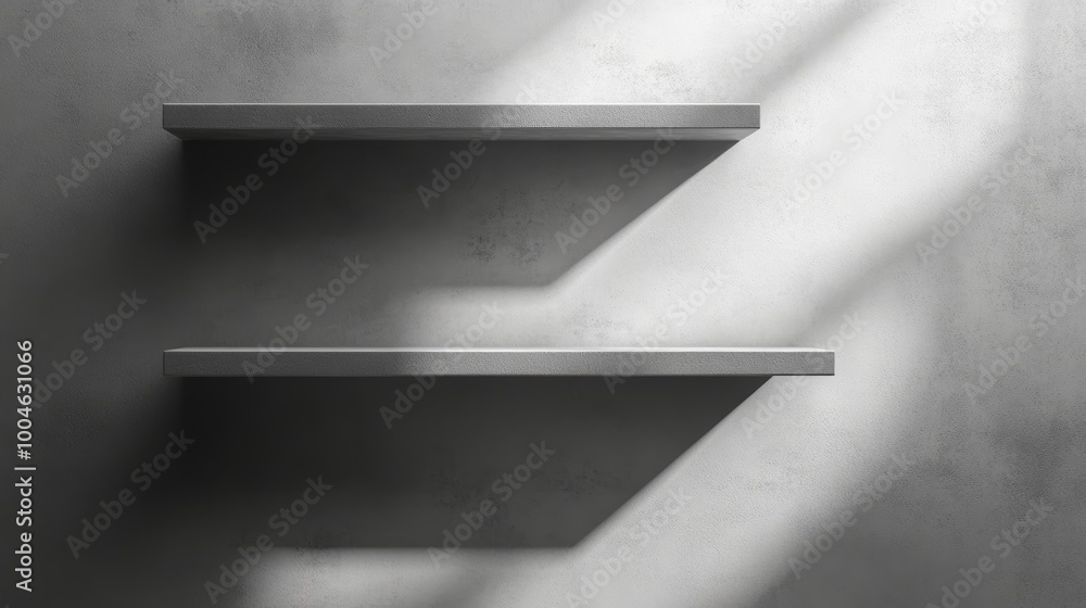 Poster three levels of empty, floating shelves arranged vertically on a blank grey wall, casting gentle sha