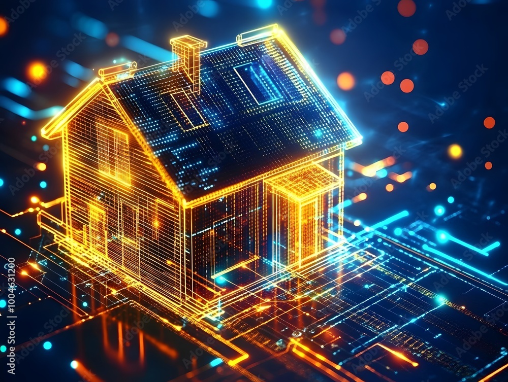 Poster digital house with glowing data stream , ai in smart home technology, automation and remote control 