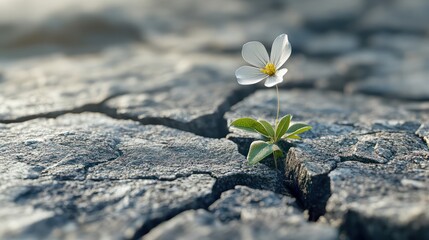 Macro shot of tiny flower sprouting in cracked pavement signifying nature s resilience