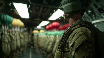 soldier in military aircraft prepares for parachute jump, surrounded by colorful parachutes. atmosphere is tense yet focused, highlighting readiness for action