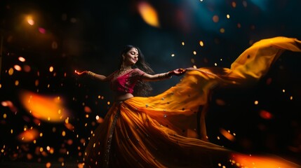 Indian woman joyfully dancing in a vibrant orange dress during Diwali celebrations under festive lights