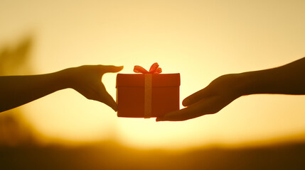 Joyful hands exchanging wrapped gift box against beautiful sunset backdrop, symbolizing love and celebration. moment captures essence of giving and happiness