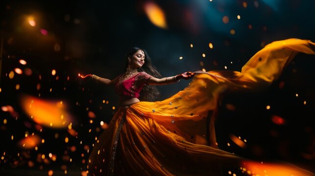 Indian woman joyfully dancing in a vibrant orange dress during Diwali celebrations under festive lights