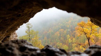 stunning view from cave entrance reveals vibrant autumn landscape filled with colorful trees. misty atmosphere adds sense of mystery and tranquility to scene