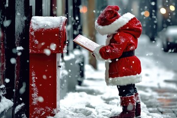 Child in santa outfit mailbox christmas snowy holiday
