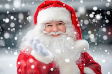 Joyful santa claus waving amidst falling snowflakes in a festive winter scene